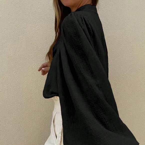 Black Casual Women's Plain Button Up Half Placket Lantern Sleeve Blouse - Picture 2 of 3